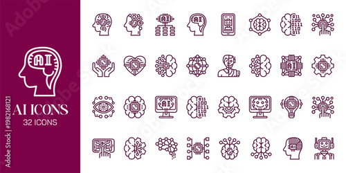 Artificial Intelligence Icon Set with AI Brain, Machine Learning, Robot, Data Network and Futuristic Technology Vector Collection