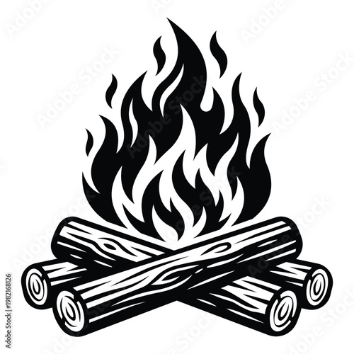 A black and white illustration of a campfire with logs and flames