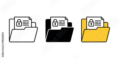 Locked file folders in white black and yellow security symbol in white background