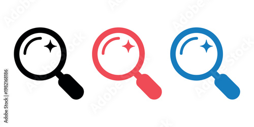 Magnifying glasses in black red and blue with starburst inside lens search enlarge inspect in white background