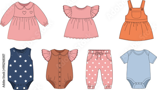 Baby clothes vector set with cute outfits, dresses and bodysuits, adorable infant apparel collection, colorful kids fashion illustration isolated on white background