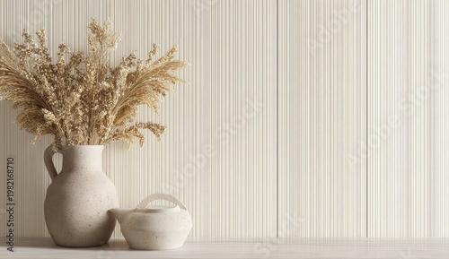 A still life composition features a large ceramic vase filled with dried wheat stalks, accompanied by a smaller teapot, set against a textured, neutral-toned wall.