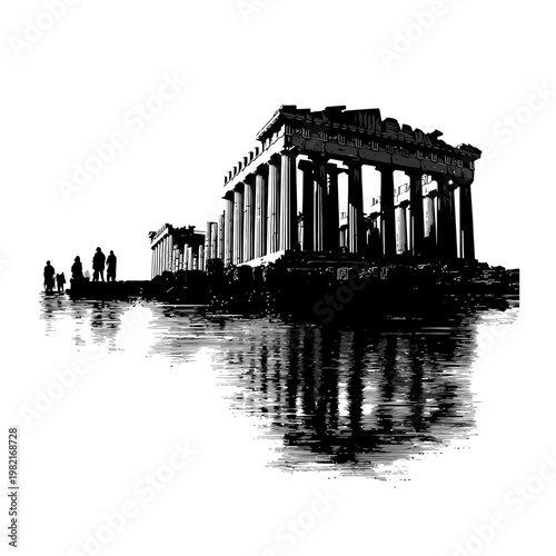 Silhouette of ancient Greek temple by water.
