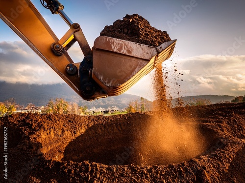 excavator bucket holding dirt digging