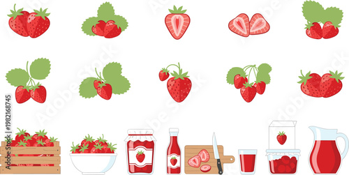 Strawberry Food and Beverage Set with Fresh Fruits Jam Juice and Syrup Illustration Collection for Healthy Nutrition and Product Design