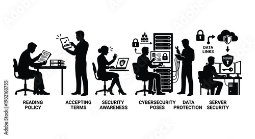 Cybersecurity awareness silhouette icons, data protection and server security vector set, people reading policy and accepting terms of service