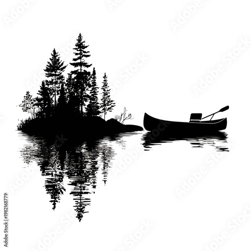 Serene lake scene with canoe and trees.