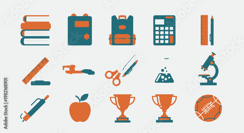 A collection of various school supplies, educational tools, and achievement symbols in a flat design style.