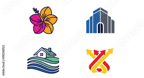 An artistic real estate logo design featuring a modern house icon with a clean roof and window symbol as a vector illustration for a professional property business