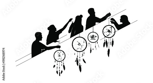 Dreamcatchers hanging from a line are held by a group of people who are collaborating to reach higher towards the sky in this stylized monochrome illustration about collective spiritual goals.