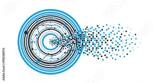 Abstract illustration of data flow, digital transformation, or information dispersal from a central point, featuring concentric circles and scattering particles.