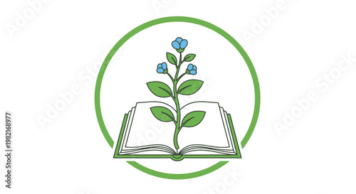 A vibrant green plant with delicate blue flowers growing from an open book, all enclosed within a circular green frame, symbolizing knowledge and natural growth.