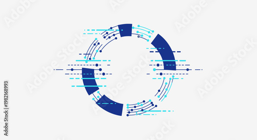 Abstract digital circuit ring with data flow lines and connections on a clean white background.
