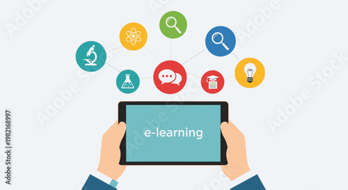 Hand holding a mobile tablet pc with social network icons and a marketing sale sign in a flat vector design for business internet communication technology