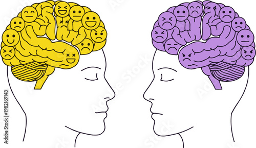 Two human silhouettes facing each other showing colorful brains decorated with various emoji icons representing mixed emotions and different mental states in a creative conceptual illustration for psy