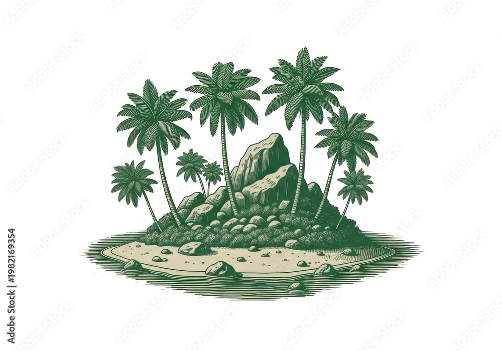 Obraz premium A vintage style illustration depicting a small tropical island with palm trees and rocky terrain isolated on transparent background