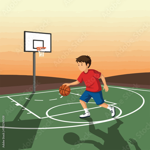 A young boy dribbling a basketball on a court during a beautiful sunset evening