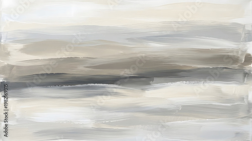 Abstract painting with serene horizontal brushstrokes in muted beige, soft grey, and creamy white tones, a minimalist conceptual design for modern elegant interiors