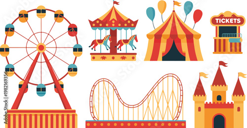 Circus carnival element set with amusement park icons including carousel, ferris wheel, tent and roller coaster on white background