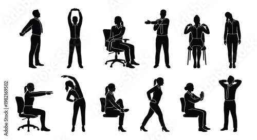 Office stretching silhouettes set, 12 business people doing desk yoga and ergonomic exercises, corporate wellness and workplace health vector