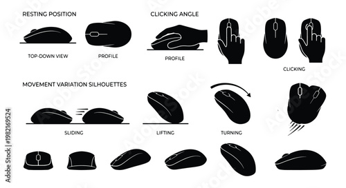 Quadro em tela Computer mouse movement variation silhouettes, black icons of hand clicking and