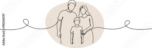 A minimalist continuous line drawing elegantly portrays a loving family unit, showing parents and their child together, symbolizing connection, unity, and an unbreakable bond through simple artistic e