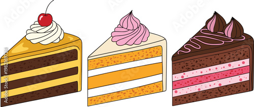 Cake slice vector set with layered desserts, chocolate and cream pastries collection, sweet bakery illustration isolated on white background