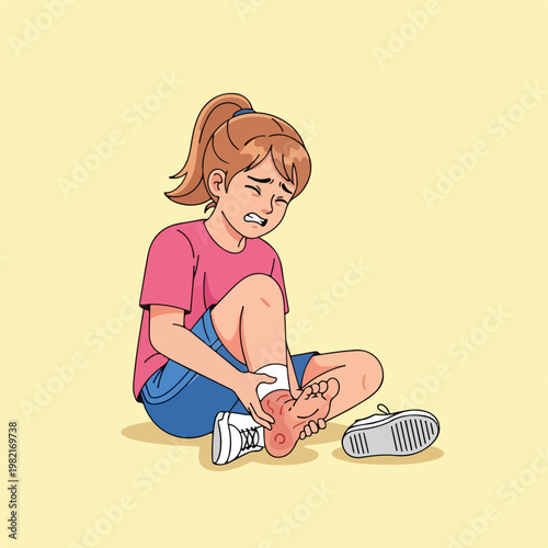 A young girl sitting on the floor, holding her swollen, injured, painful foot