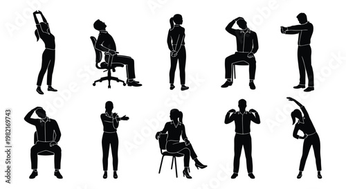 Office stretching silhouettes set, business people doing desk exercises and yoga, 10 black vector icons of workplace wellness and ergonomics