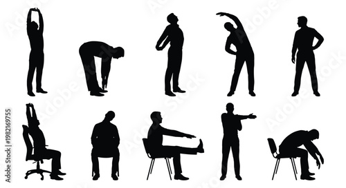 Office stretching silhouettes set, 10 male figures performing ergonomic desk exercises, corporate wellness and workplace health vector icons