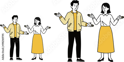 Professional man and woman standing together in stylized outfits gesturing with open hands to explain a helpful concept while wearing casual yellow jackets and skirts in this simple graphic illustrati