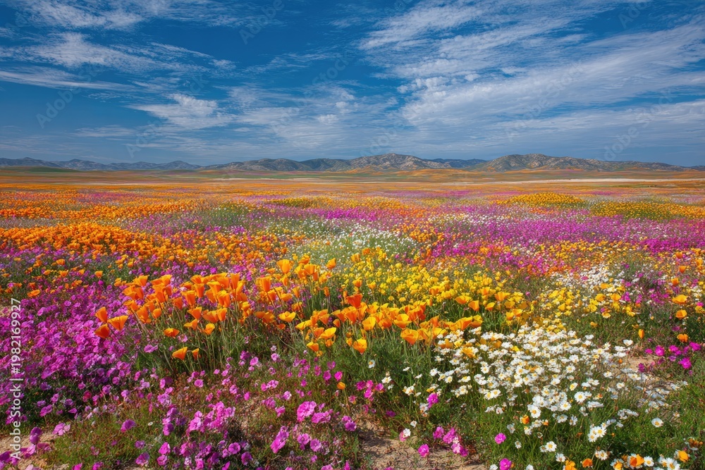 Fototapeta premium Vibrant Wildflower Superbloom Landscape Under a Cloudy Blue Sky.