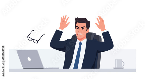 An angry businessman throws his glasses in frustration while sitting at his desk