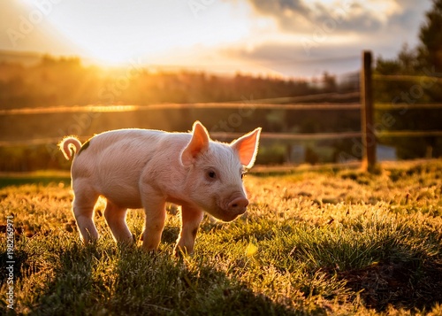 Golden hour glow illuminates a piglet walking on a peaceful farm