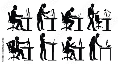 Business office silhouettes of people working at desks, professional employees using computers and laptops, set of 8 corporate worker vector icons