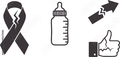 Broken ribbon baby bottle and cracked arrow with thumb up