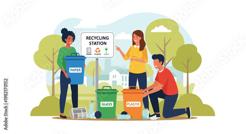 Three people sorting waste into color-coded bins at an outdoor recycling station