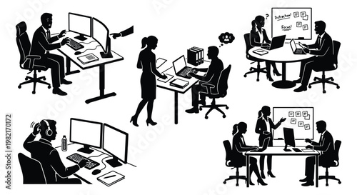 Business office silhouette vector set, professional employees working at desks and meeting rooms, corporate workplace people collection