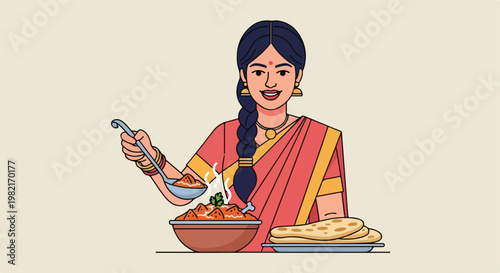 An Indian woman in a sari serving hot curry with flatbread in a flat style