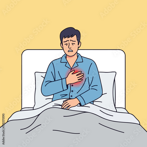 A person in pajamas sitting in bed and clutching their chest in physical pain