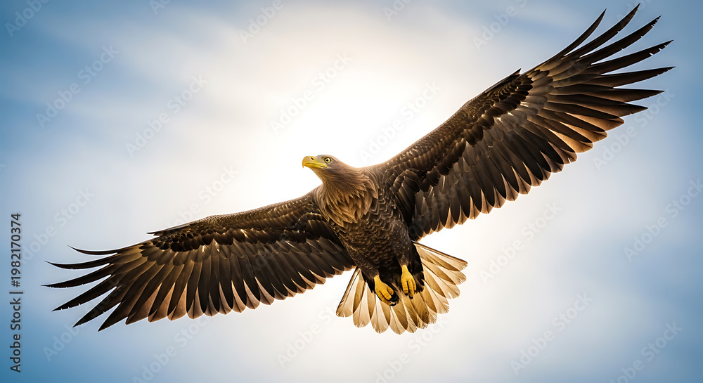 Fototapeta premium Beautiful white-tailed eagle flying across a bright blue sky with its large wings fully extended, featuring dramatic backlighting and glowing feathers.