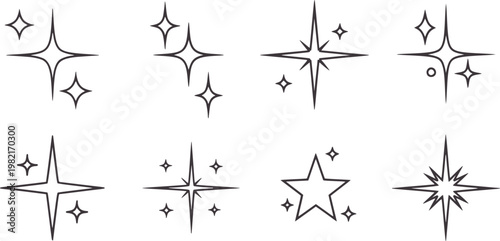 Collection of eight stylized starburst and sparkle shine glitter twinkle
