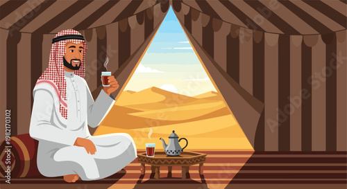 An Arab man in traditional robes drinks hot tea inside a shaded desert tent