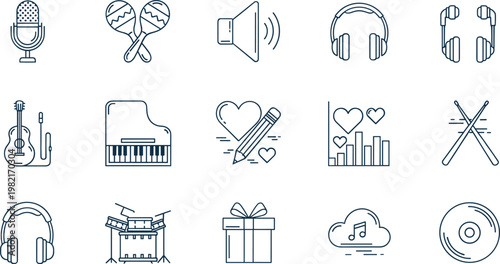 Music and audio line icon set with instruments, headphones, sound equipment and entertainment symbols minimal outline vector collection
