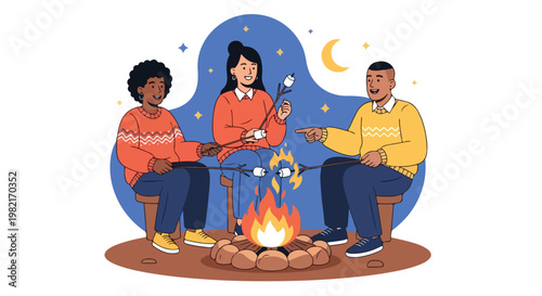 Three friends sit around a campfire at night, roasting marshmallows on sticks