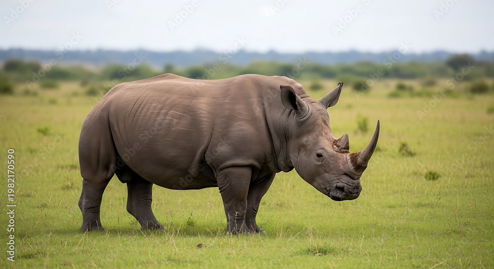 Fototapeta premium A powerful rhinoceros standing in a vast green grassy field during the day, showcasing its prominent horns and skin texture in a natural wild habitat.