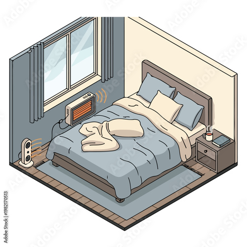 Isometric bedroom view with heaters, rumpled bedding, and a steaming coffee mug