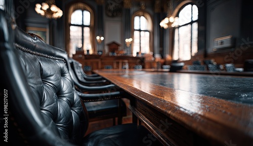 Empty Courtroom with Leather Chairs and Long Wooden Table.