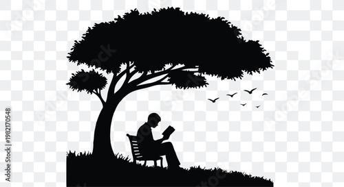 Person sits peacefully under a spreading tree, reading a book on a park bench while birds fly nearby, capturing a serene moment of leisure, mental clarity, and connection with nature.