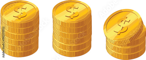 Gold coin stack vector set with dollar symbol, shiny money piles illustration, finance and investment concept isolated on white background
